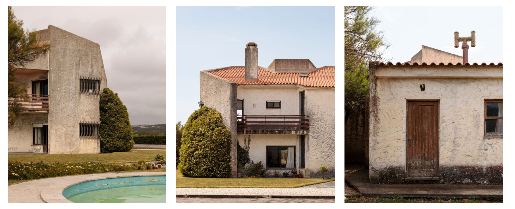Exterior details of Ocean's Garden — the concrete wing beside the pool, the tiled-roof house, and a rustic outbuilding