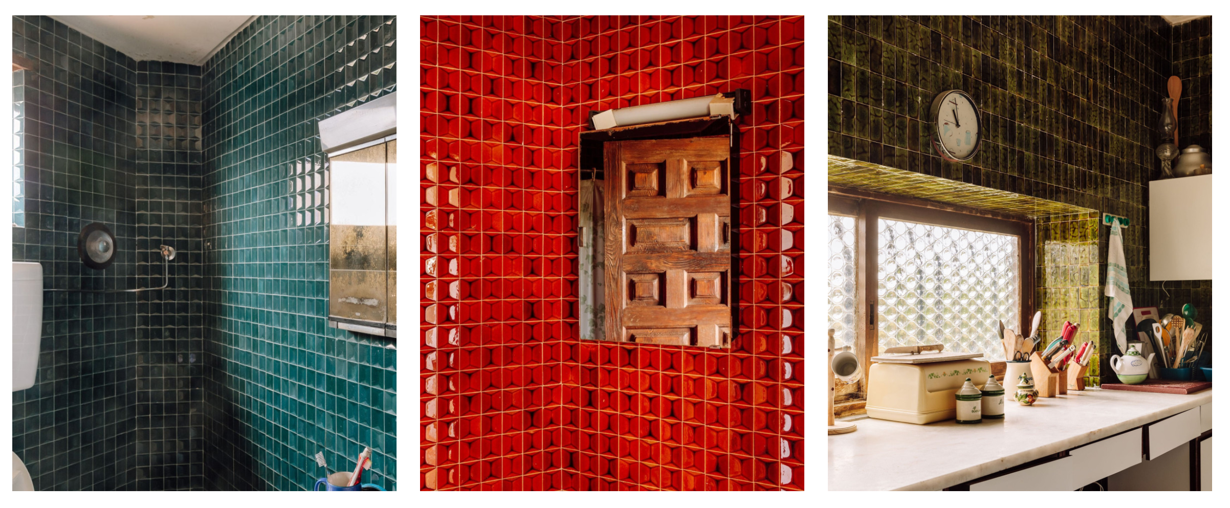 Interior details of Ocean's Garden — a tiled bathroom, a carved wooden shutter, and a tiled kitchen corner
